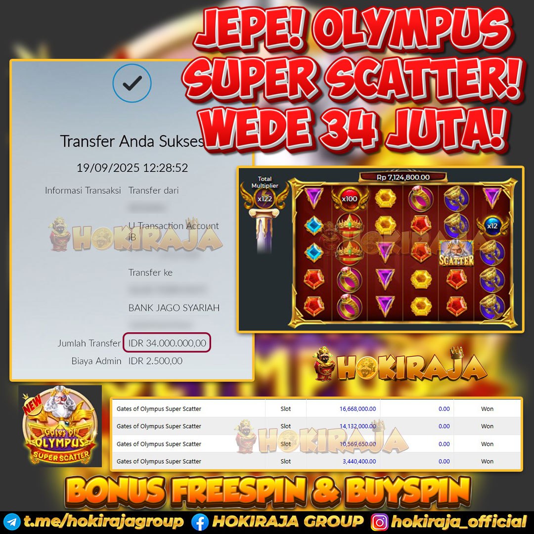 HOKIRAJA JACKPOT SLOT GATES OF OLYMPUS SUPER SCATTER RP 34.000.000 ID : TRE***